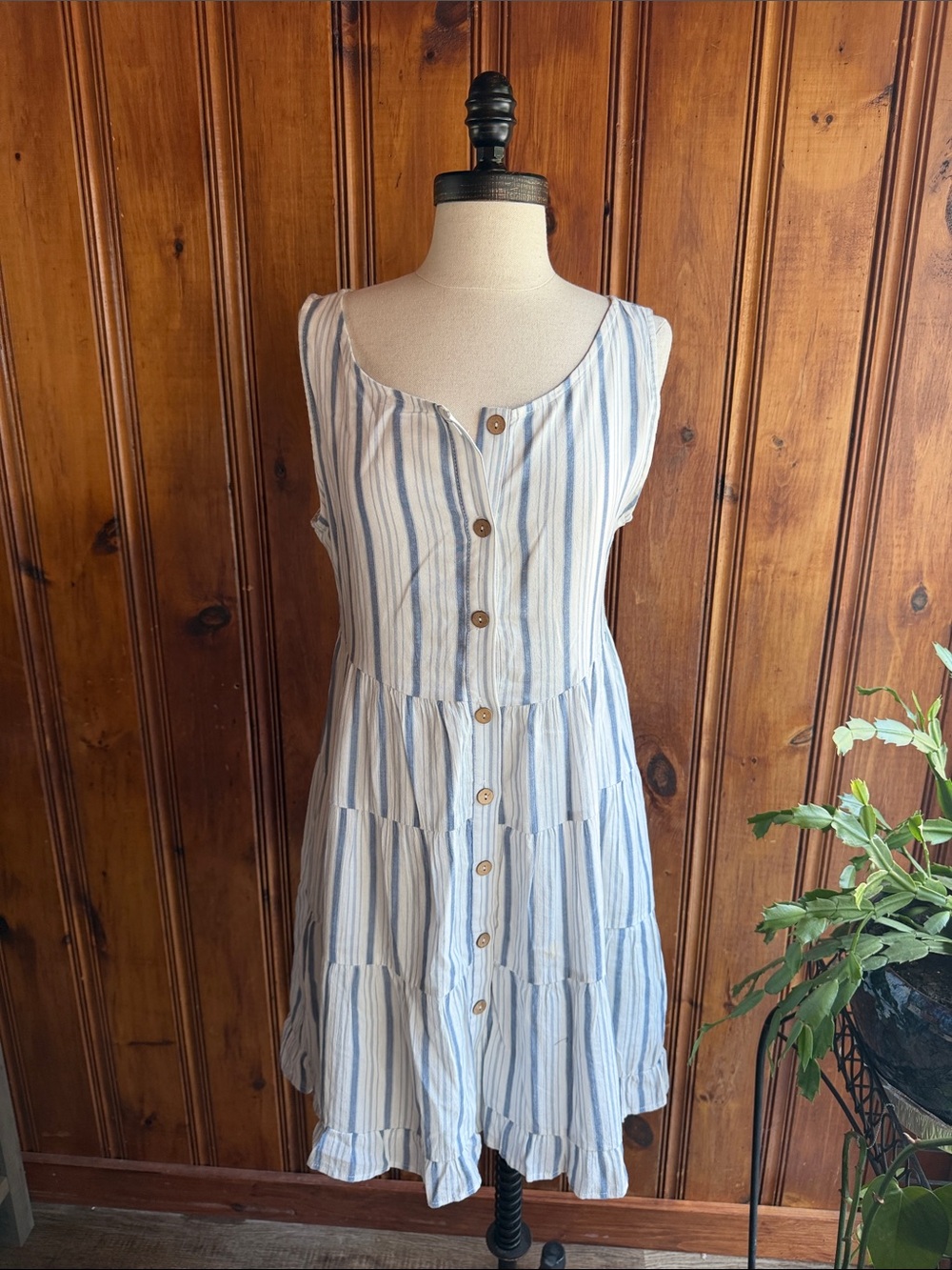 Paper Crane Blue and White Striped Button-Front Midi Dress
